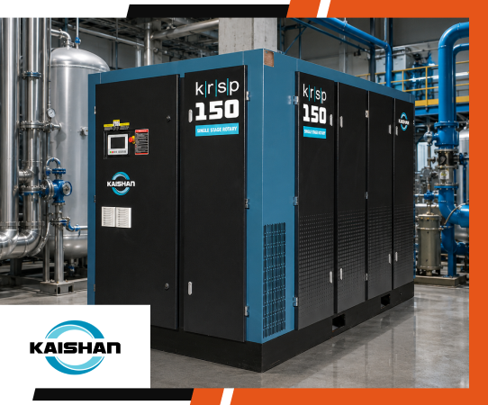 Industrial Kaishan KRSP 150 rotary screw air compressors stand in a clean factory with blue piping and metal tanks; logo inset.