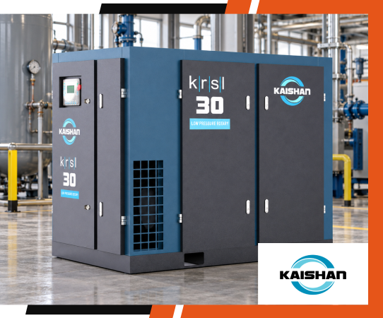 Kaishan KRSL 30 low-pressure rotary screw air compressor in a clean industrial plant, its blue-and-gray cabinet conveying a robust, professional tone.