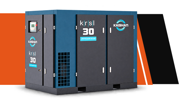 A large blue-and-gray Kaishan KRSL 30 industrial air compressor stands against a black-and-orange backdrop, conveying a robust, professional tone.
